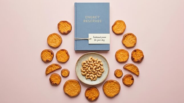 Flat lay arrangement of assorted nuts and crunchy snacks surrounding a blue book titled 'Energy Reserves' with a note, suggesting healthy sustenance for energy.