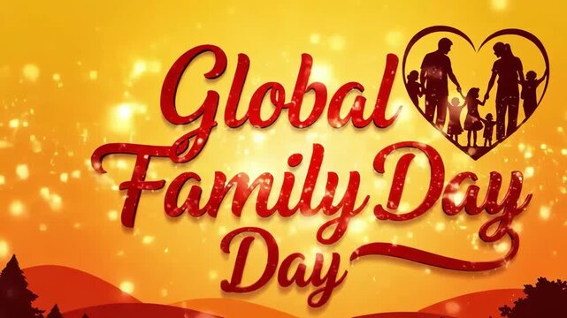 Global family day logo with a heart and family silhouette on a sunset background
