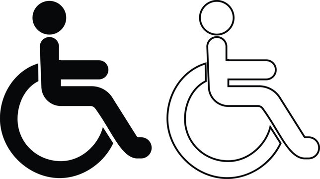 Black wheelchair icon set collection group, disabled handicap accessibility symbol mobility aid silhouette outline, flat and line style vector, accessible sign icons pack, disability support pictogram