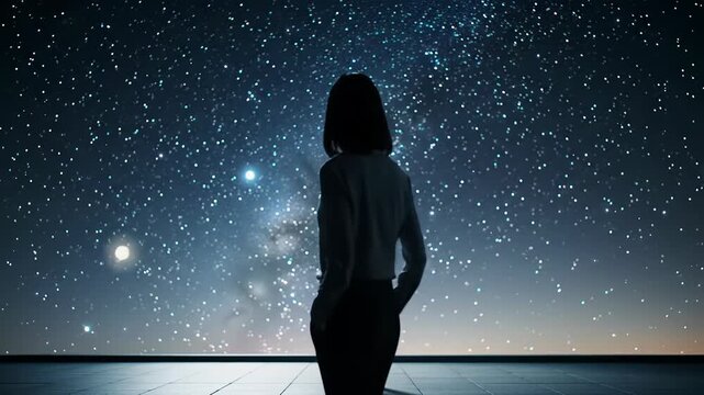 A professional in modern business-casual attire stands on a dark plateau, silhouetted against a clear cosmic sky with nebulae, concept of limitless discovery