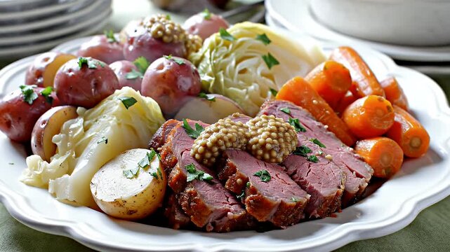 Hearty corned beef dinner with vegetables and whole grain mustard