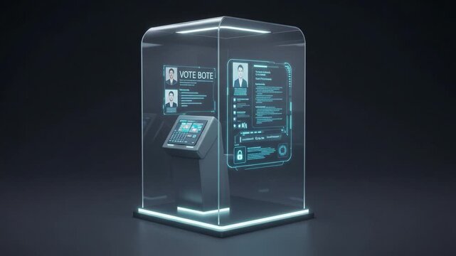 A futuristic transparent voting booth with glowing accents displays holographic information for blockchain elections, showcasing secure digital ballots and candidate profiles in a dynamic motion clip