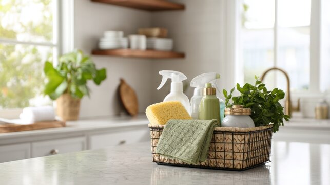A wire basket is placed on a kitchen countertop filled with eco cleaning supplies such as bottles, sponges, and gloves. This setup is designed for an organized home cleaning process