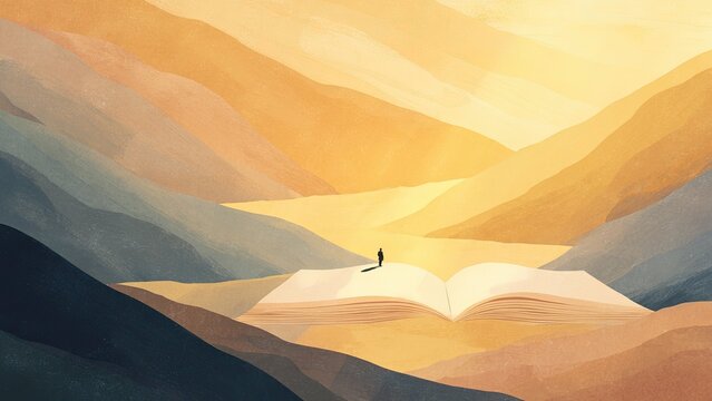 本の上に広がる幻想的な山岳風景 知識と旅を象徴するイラスト背景素材