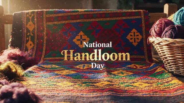 Vibrant handloom textile with colorful threads and yarns on a wooden chair
