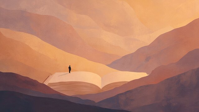 開いた本から広がる幻想的な山の世界 物語と学びを表現した背景イラスト