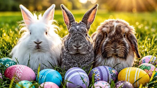 Three small rabbits sitting together surrounded by various painted colorful Easter eggs on a soft background, perfect for spring holiday celebrations and seasonal greeting cards.