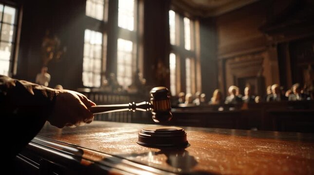 Judge raising gavel historic courtroom, sunlight streaming tall windows, blurred jury spectators background, cinematic wide shot, dramatic shadows, sense authority justice, UHD 4K, realistic textures