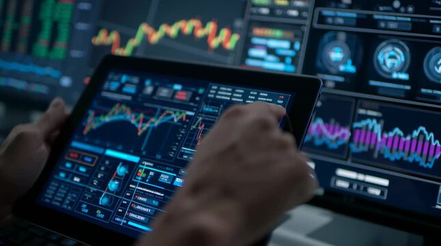 High-tech trading desk 4K cinematic close-up, AI-driven financial system monitors multiple digital screens. Real-time stock charts, candlestick graphs, crypto tickers Bitcoin futuristic user interface