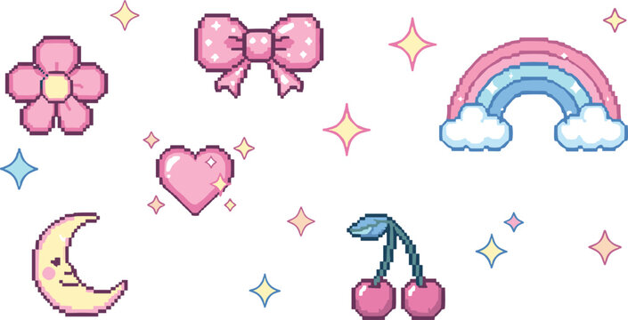 Cute pixel art icons vector set with rainbow, heart, moon, bow, flower, and cherries. Kawaii retro elements. 8 bit illustration for games, UI, and playful designs.