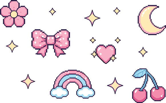 Kawaii pixel art icons vector set with rainbow, heart, moon, bow, flower, and cherries. Cute 8 bit elements. Retro game style illustration for UI and playful design.
