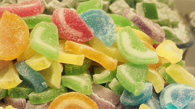 A vibrant and colorful collection of sugary, fruit-flavored gummy candies, showcasing a close-up, dynamic view of various shapes and shades