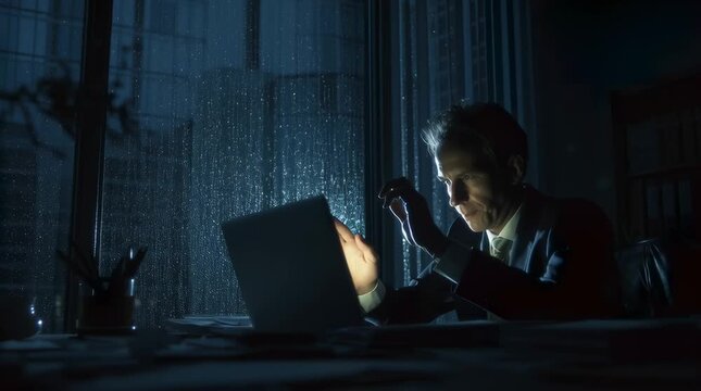 Lawyer reviewing case files late night, dim office lighting, laptop screen focused face, rain hitting window outside, cinematic moody atmosphere, realistic office textures, UHD 4K legal concept