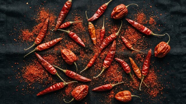 Scattered Dried Red Chili Peppers and Spice on a Dark Textured Surface Overhead