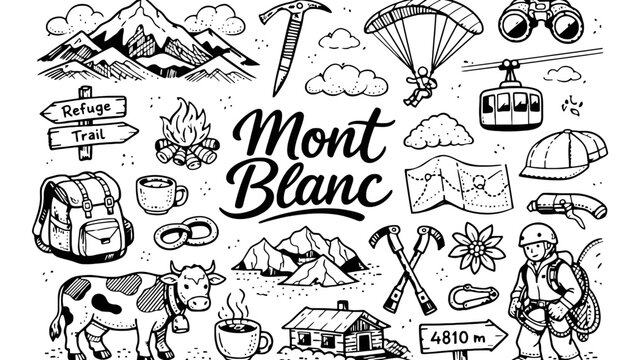 Mont Blanc mountain illustration with various climbing and hiking icons