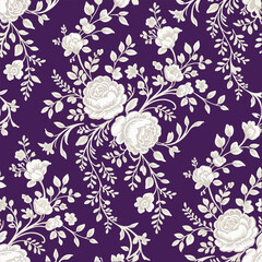 Elegant White Floral Pattern on Deep Purple Background. Vintage Botanical Seamless Pattern with White Flowers. Ornamental White Flower Pattern on Violet Background.  © Monem