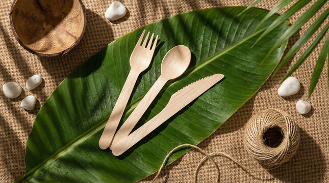 Biodegradable eco-friendly cutlery on green leaf background.