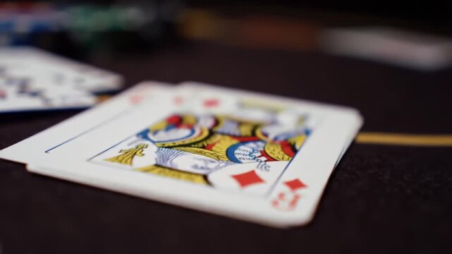 Close up slow motion video of poker cards being dealt on a table with chips in background
