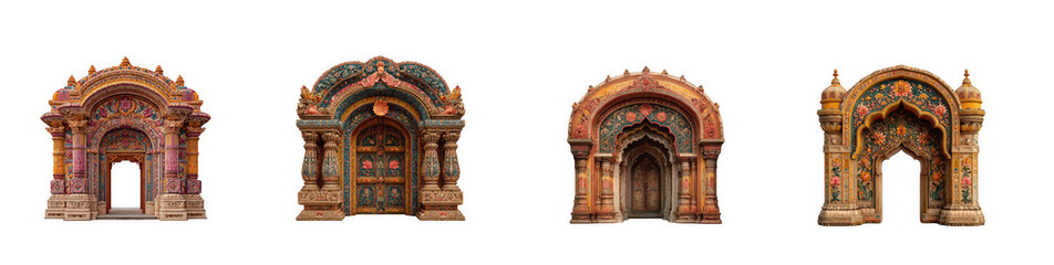 Fototapeta premium Set of four ancient ornate temple archways with intricate carvings and isolated on transparent background