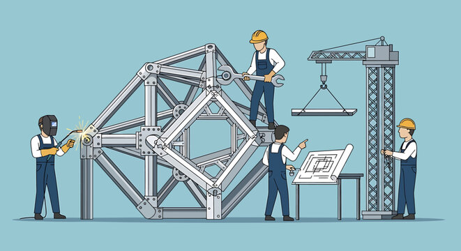 Workers assembling metal construction framework.
