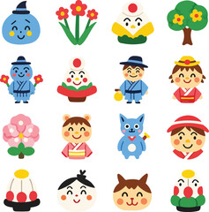Obraz premium Japanese Hinamatsuri and Spring Festival Flat Icon Set with Kawaii Characters and Floral Elements