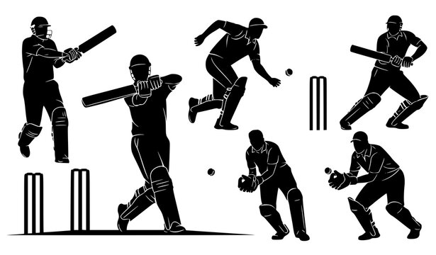 Cricket player silhouettes action set batsman bowler fielder vector illustration isolated on white background