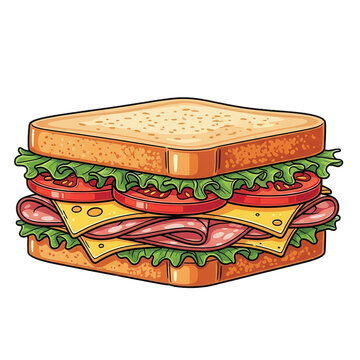 Delicious sandwich illustration in colorful cartoon style with vibrant lighting on white background for food advertising