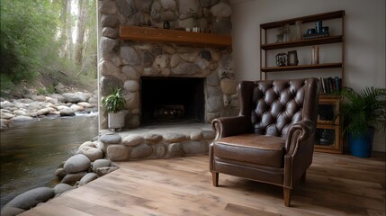Naklejka premium Cozy rustic living room with stone fireplace and view of a serene creek