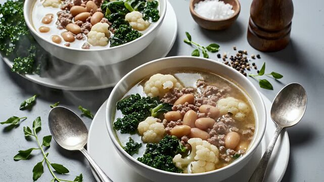 Hearty soup with sausage, beans, cauliflower, and kale in bowls