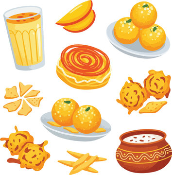 Traditional Indian Holi Festival Snacks and Sweets Illustration Set with Laddu, Jalebi, Thandai, and Pakora on White Background