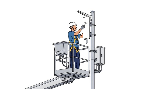 A worker in a harness repairs a street light on a lift at night