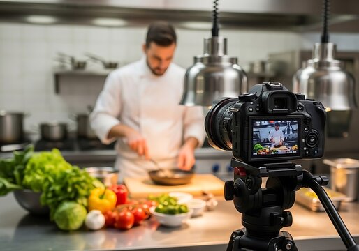 Chef cooking food filming kitchen camera
