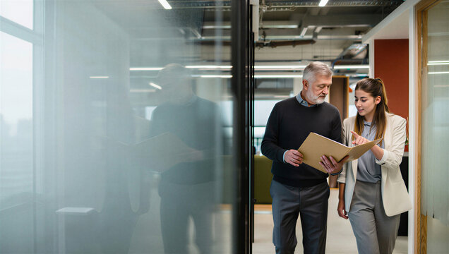 Junior associate eagerly pointing out a critical overlooked detail in a physical case file to a concentrated senior partner during a brief hallway consultation.