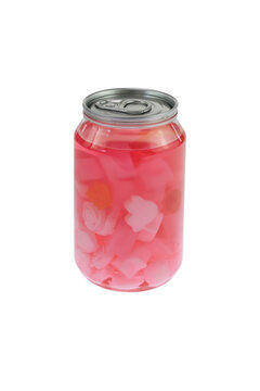 Pink jelly pieces float inside a can packaging. Clear liquid surrounds colorful, soft shapes. Can sits upright, unopened. Transparent canned drink with pink jelly candies isolated on white background.