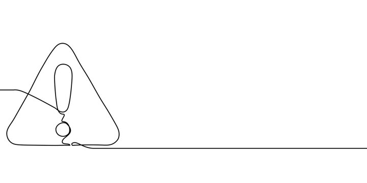 Continuous one line exclamation caution stop sign attention danger alert mark icon. Exclamation hazard one line point risk safety illustration important road triangle mistake error outline alarm mark.