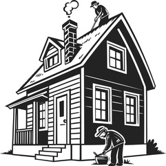 Naklejka premium A black and white illustration of two workers repairing and maintaining a traditional cottage home