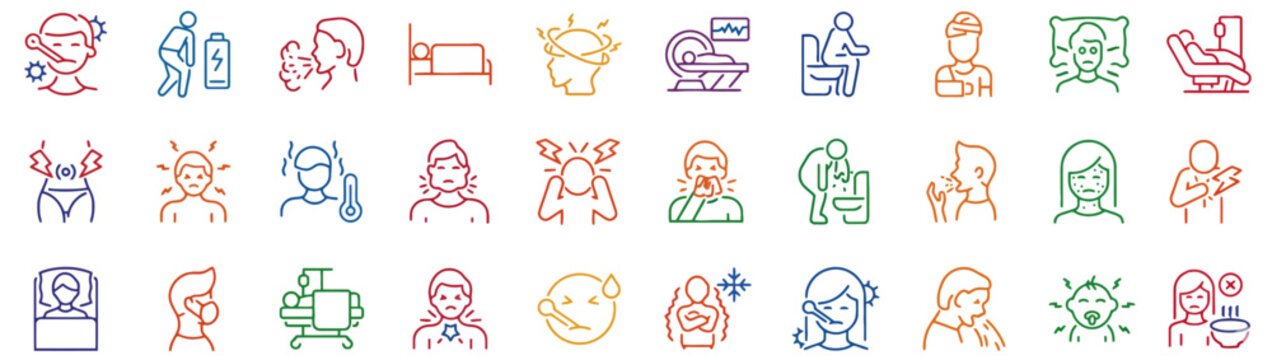 A diverse vector icon sheet for health symptoms, featuring numerous medical icons. This comprehensive vector icon sheet provides a practical vector sheet for illustrating illness and wellness