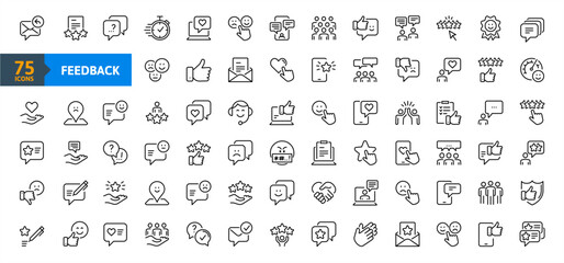 Feedback Outline Icon Collection. Thin Line Set contains such Icons as Rating, Testimonials, Quick Response, Satisfaction and more. Simple web icons set.