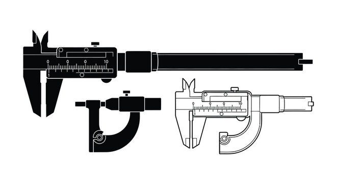 Detailed calipers illustration displaying measurement tools in a black silhouette