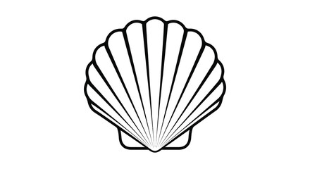 Detailed drawing of a scallop shell in black outline silhouette © nhpvect02