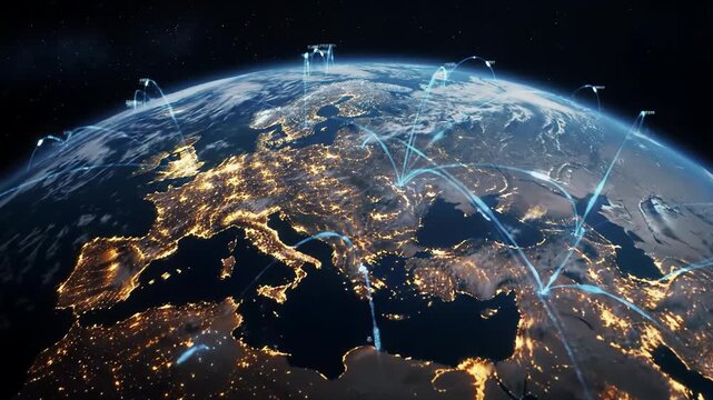 An expansive, cinematic wide video of CGI planet Earth at night from deep space, orange city lights illuminate landmasses, blue data lines connect globally, slow orbital rotation. Concept of global