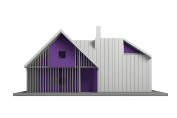 Obraz premium Modern minimalist house design featuring purple and white facade, new property architectural model on transparent background