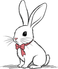 Obraz premium Cute white rabbit wearing a red bow tie sitting on the ground
