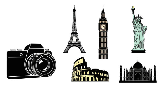 Camera and famous landmarks icons.
