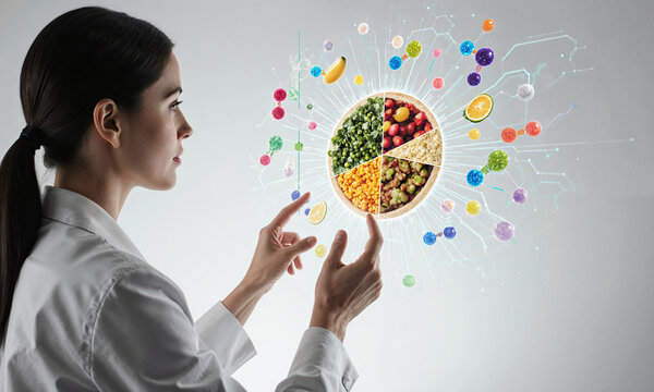 Dietitian nutrition hologram professional woman in lab coat analyzing digital food breakdown with floating nutrient molecules
