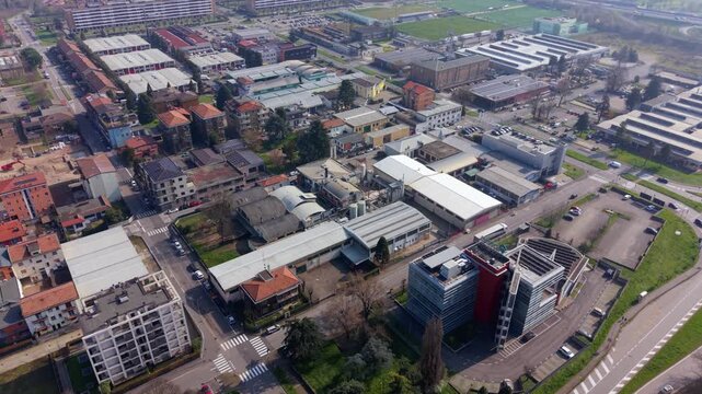 Industrial zone aerial view warehouses and factories buildings