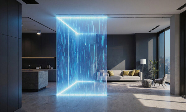 Futuristic interior divider glowing holographic force field partition stands in modern open-plan living room and kitchen
