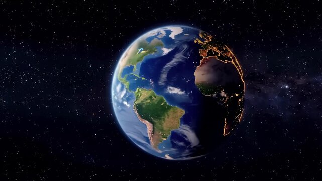 The earth rotates in space, highlighting various continents and oceans. This visual can be utilized for educational content, environmental topics, or technology presentations