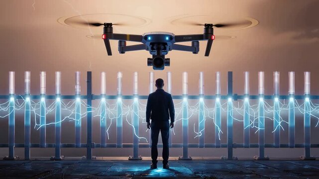 A person stands in front of a drone while it hovers during a storm with visible electrified arcs in the background. This setup illustrates technology interacting with weather elements