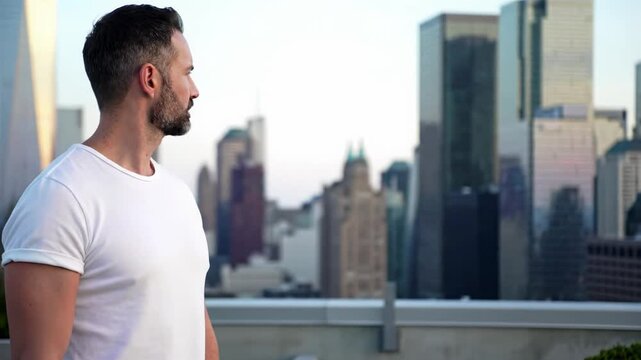 Young caucasian man, groomed beard, white t-shirt, dark pants, on concrete rooftop, gazes at vibrant city skyline under soft light. Strategic foresight concept.